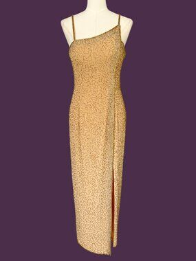 Vintage Y2K Miss New York Gold Beaded Asymmetrical Strap Formal Gown